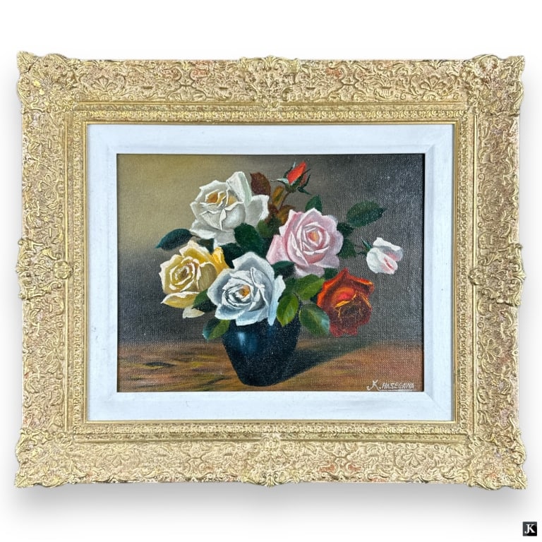 Kiyoshi Hasegawa (JAPAN 1891-1980) Still Life Oil: Kiyoshi Hasegawa (JAPANESE, 1891 - 1980) oil painting on masonite board depicting a still life scene with roses in vase. Signed to lower right. Mounted in a gold tone wooden frame with mat. Board meas