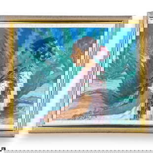 Christina Morton (USA 1878-1957) Portrait Oil: Christina Morton (AMERICAN / ARKANSAS / NEW YORK, 1878 - 1957) oil painting on canvas depicting the portrait of a woman with cactus. Mounted in a gold gilt wooden frame with mat. Canvas on stretcher m