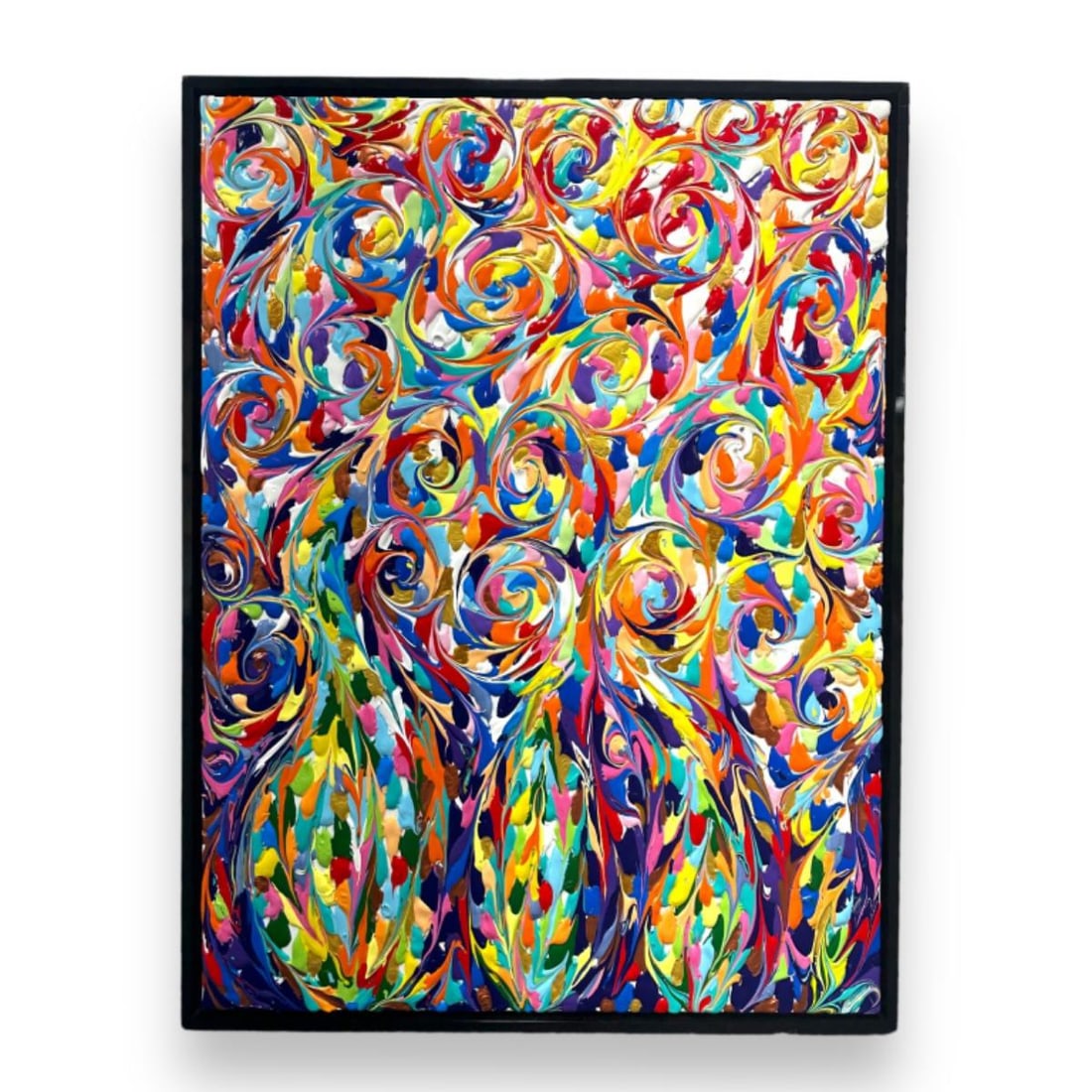 Eduardo Guelfenbein (AUSTRALIA B1953) Acrylic On Canvas: Eduardo Guelfenbein (AUSTRALIAN, Born 1953) heavy acrylic work on canvas having an abstract multi-color swirl design. Signed to verso of canvas and dated 2017, also titled "Living" to verso. Mounted i