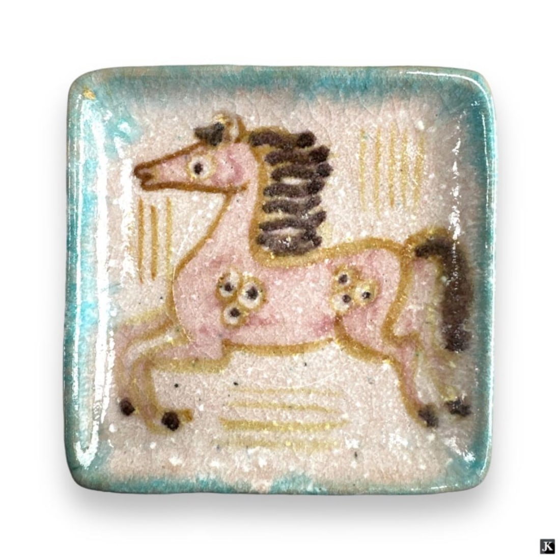 Guido Gambone (ITALY 1909-1969) Ceramic Plate: Guido Gambone (ITALIAN, 1909 - 1969) hand painted ceramic plate depicting a pink horse. Hallmarked to bottom. Measures approx. 5 1/8" length x 5 1/8" width. Shows some crazing. Otherwise, appears in o