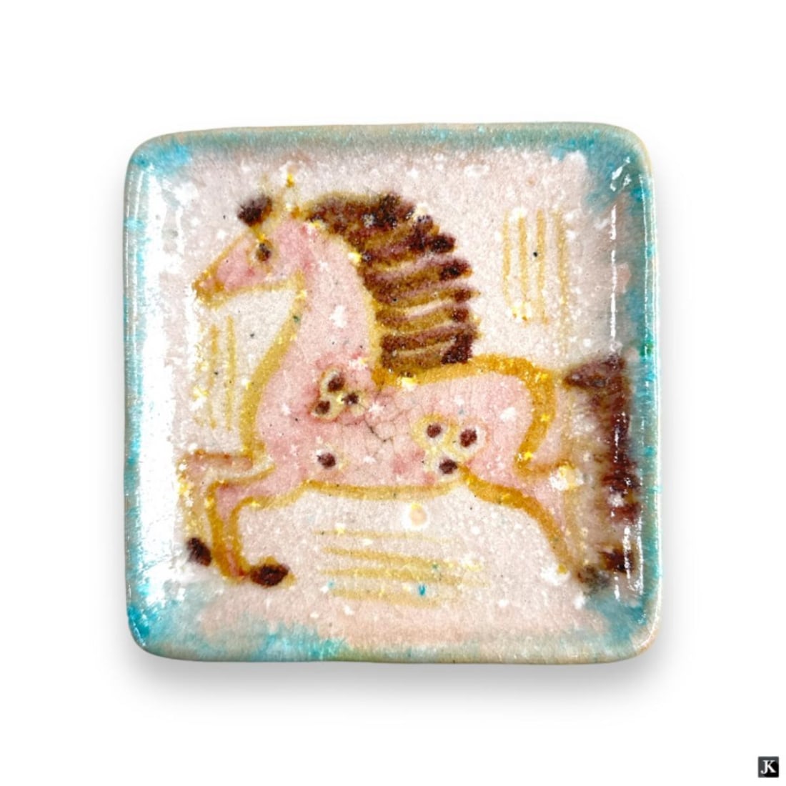 Guido Gambone (ITALY 1909-1969) Ceramic Plate: Guido Gambone (ITALIAN, 1909 - 1969) hand painted ceramic plate depicting a pink horse. Hallmarked to bottom. Measures approx. 5 1/8" length x 5 1/8" width. Shows some crazing. Otherwise, appears in o