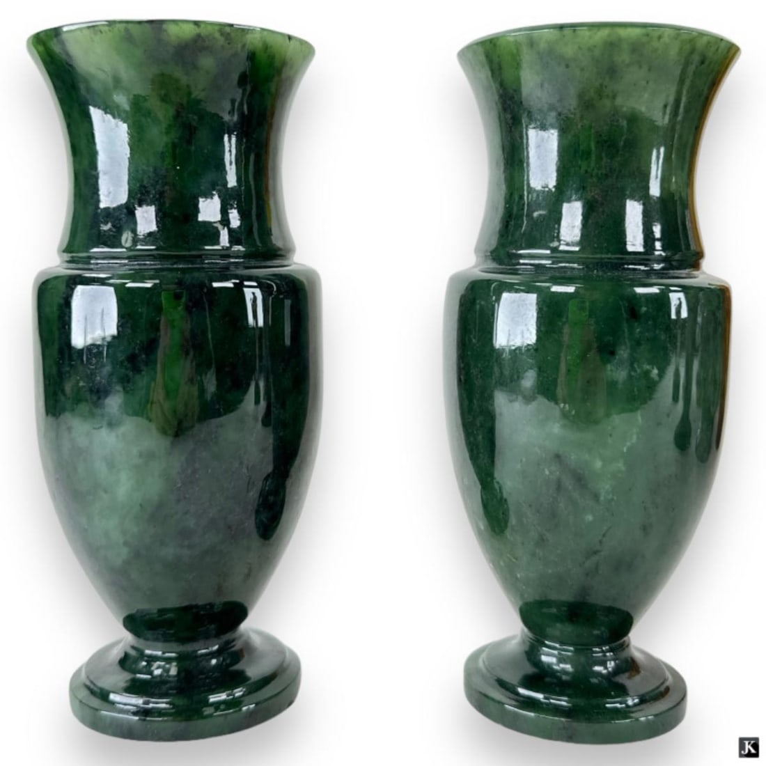 Pair Chinese Spinach Green Jade Polished Vases (1 of 3)
