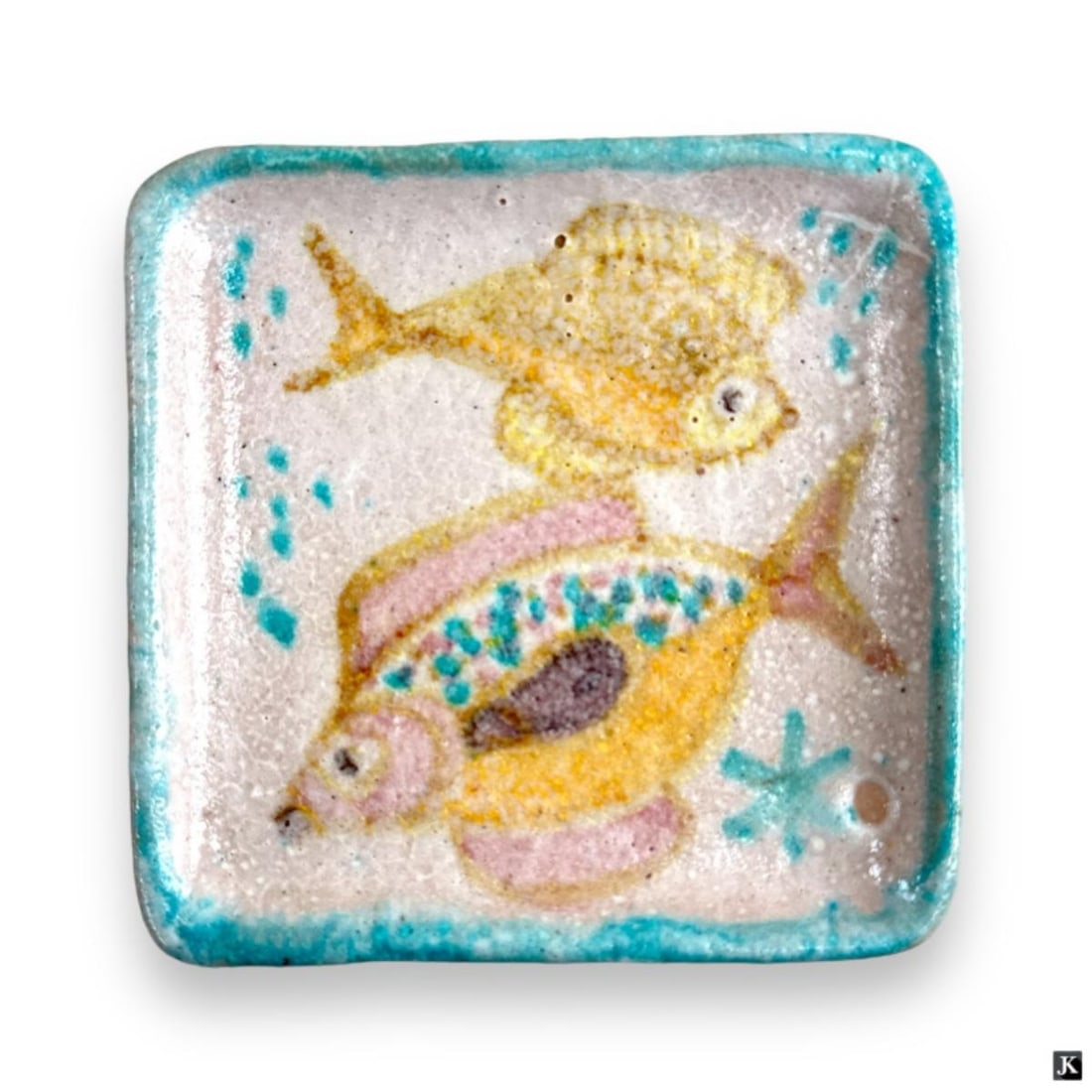 Guido Gambone (ITALY 1909-1969) Ceramic Plate: Guido Gambone (ITALIAN, 1909 - 1969) hand painted ceramic plate depicting fish. Hallmarked to bottom. Measures approx. 5 1/8" length x 5 1/8" width. Shows some crazing. Small chip on bottom rim. Other