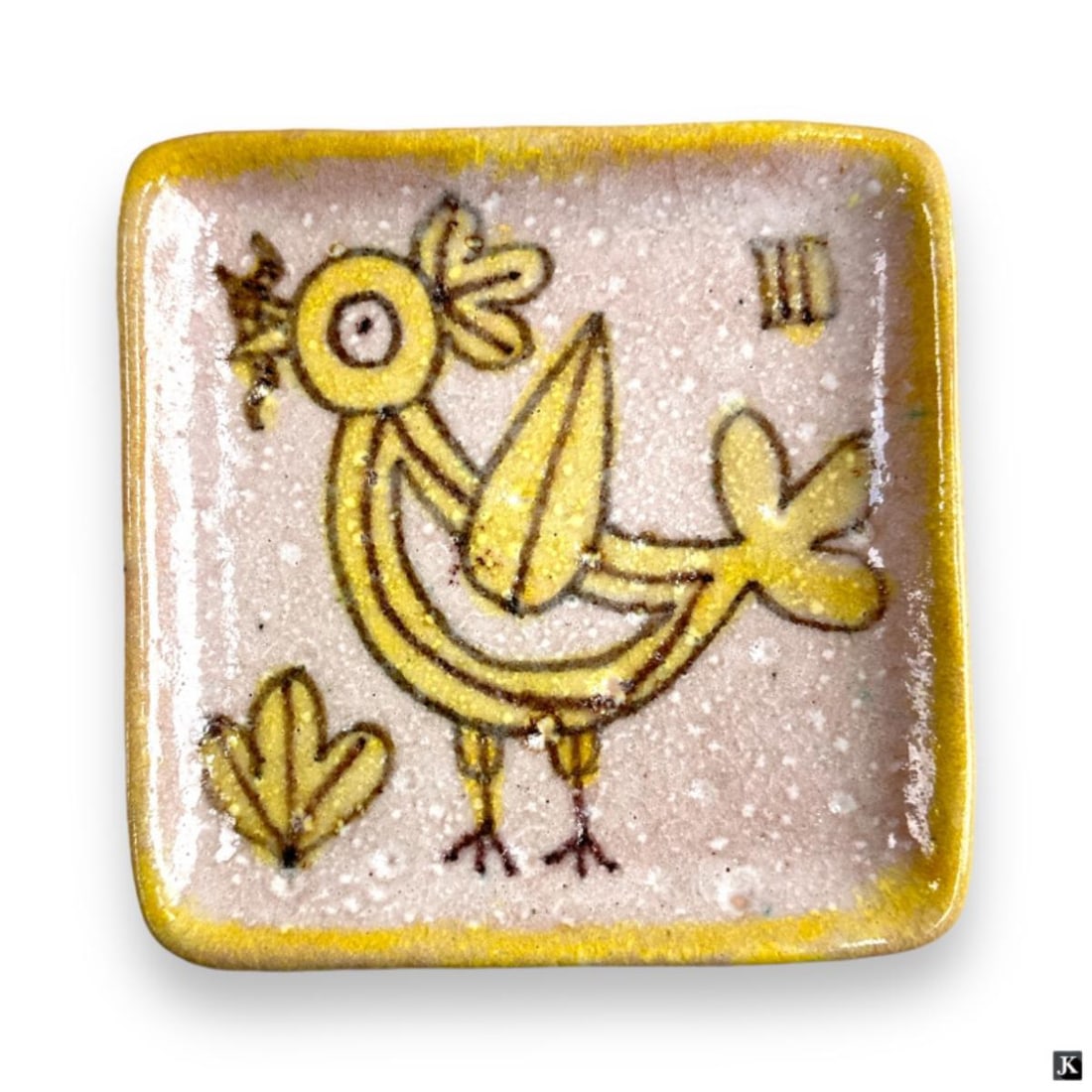 Guido Gambone (ITALY 1909-1969) Ceramic Plate: Guido Gambone (ITALIAN, 1909 - 1969) hand painted ceramic plate depicting a chicken with worm. Hallmarked to bottom. Measures approx. 5 1/8" length x 5 1/8" width. Shows some crazing and firing marks 
