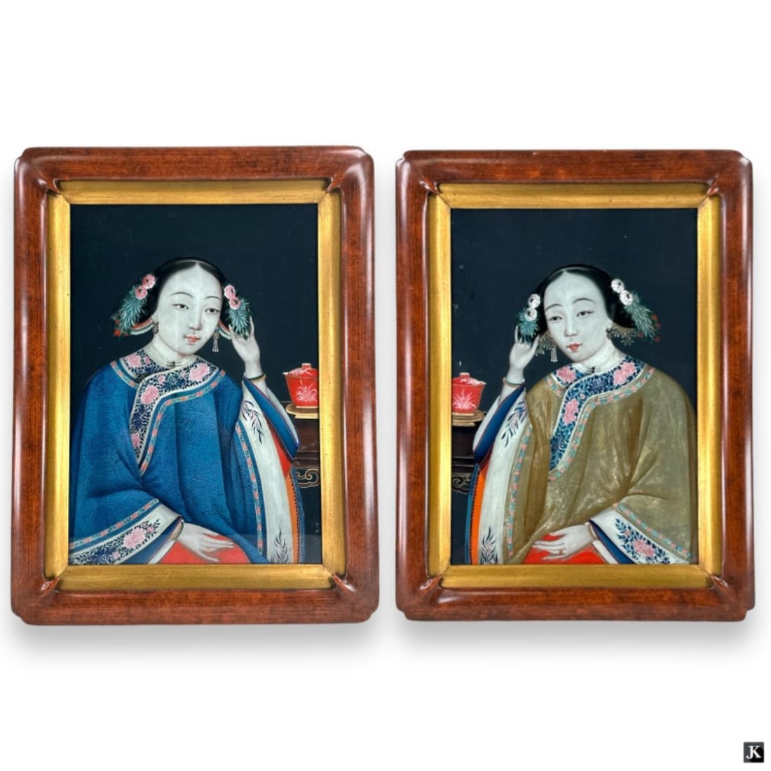 Pr Chinese Reverse Painted Glass Works Framed (1 of 5)