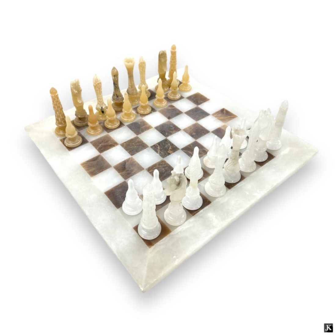 Signed Beppe Italian Carved Stone Chess Set: An Italian hand carved stone chess set signed Beppe and dated 2004. Shortest piece measures approx. 3" height and tallest measures approx. 4 7/8" height. Board measures approx. 7/8" height x 19 1/2" l