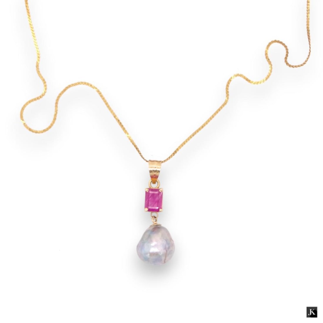 14K YG Pearl & Pink Gemstone Pendant W/18K Chain (1 of 3)