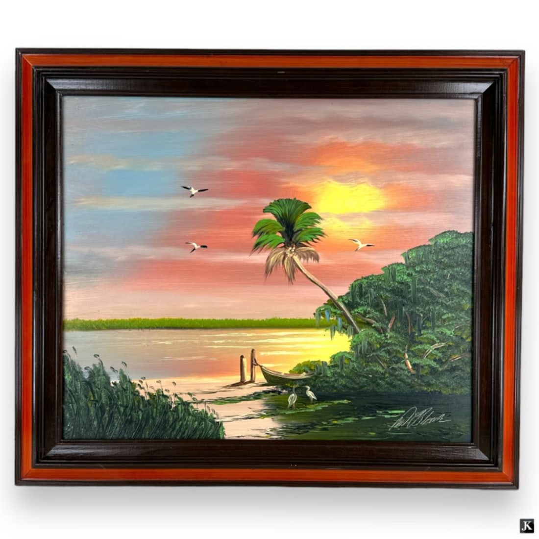 Al Black (USA B1947) Florida Highwaymen Oil: Al "Blood" Black (AMERICAN / FLORIDA, Born 1947) Florida Highwaymen oil painting on masonite board depicting a landscape scene with coconut tree, moss tree, lake and birds. Signed to lower right. Moun