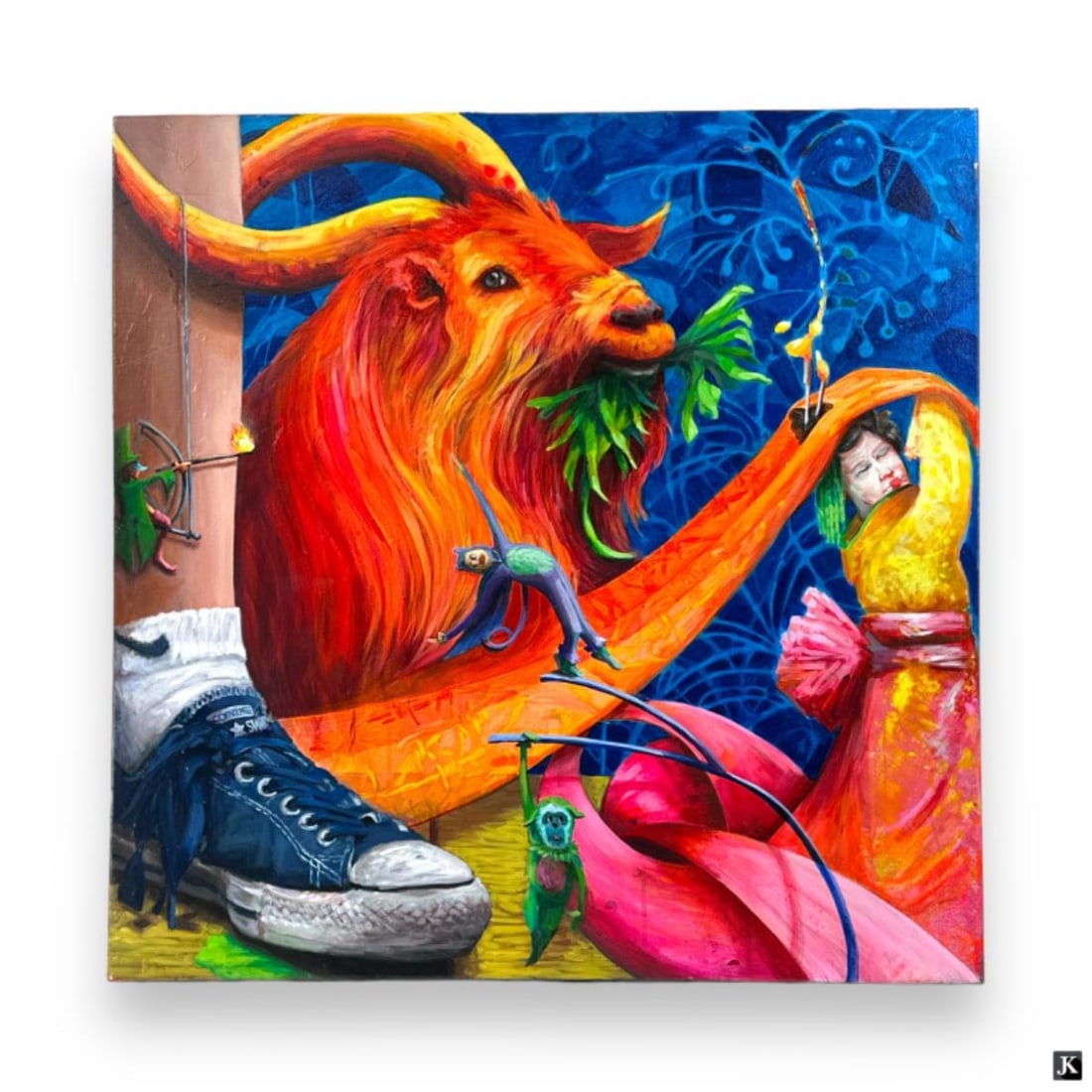Dana Donaty "Flaming Billy" Oil On Canvas: Dana Donaty oil painting on canvas depicting a goat with gnomes and Converse shoe. Signed and titled to verso of canvas. Measures approx. 30 1/4" height x 30" width. Appears in overall good condition.