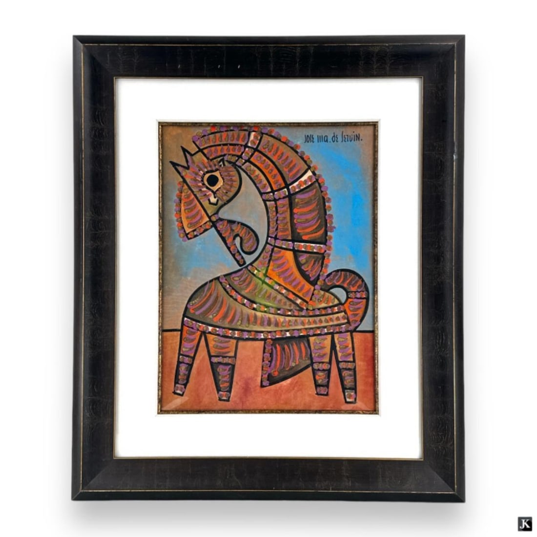 Jose De Servin (MEXICO 1917-1983) Watercolor/Paper: Jose Maria de Servin (MEXICAN / AMERICAN / MICHIGAN / ARIZONA,1917 - 1983) watercolor on paper depicting a horse form pinata. Signed to upper right. Mounted in a copper tone wooden frame with mat behi