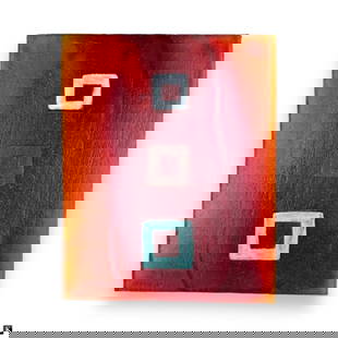 Marlene Rose (USA B1967) "Crimson Door" Plaque: Marlene Rose (AMERICAN / FLORIDA, Born 1967) a heavy plaque form studio art glass sculpture having a geometric graduating square design over ruby back titled "Crimson Door". Signed to verso and dated