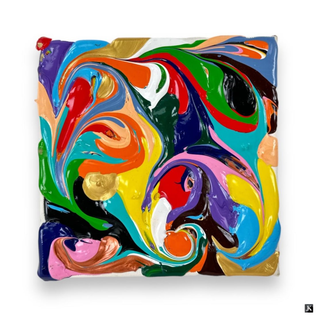 Eduardo Guelfenbein (CHILE B1953) Acrylic On Canva: Eduardo Guelfenbein (CHILEAN / AUSTRALIA, Born 1953) heavy acrylic work on canvas having a swirling colorful design. Signed to verso of canvas. Unframed. Measures approx. 8" height x 8" width. Appears