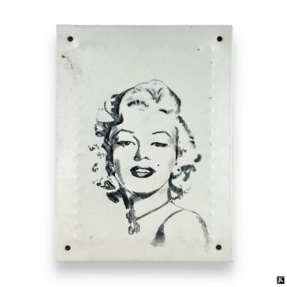 Signed JP Oil On Canvas Marilyn Monroe Portrait: A singed oil, or possibly giclee? on canvas depicting the portrait of Marilyn Monroe. Interestingly crafted with a wooden back panel with nails. Signed to verso of canvas illegibly, initialed JP and d