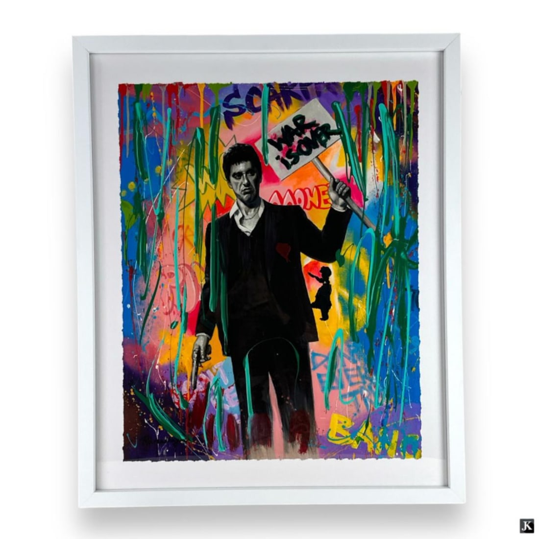 Nastya Rovenskaya (RUSSIA B1976) Scarface Mixed Me: Nastya Rovenskaya (RUSSIAN / UNITED STATES, Born 1976) Pop-Art / Street-Art mixed media watercolor and acrylic on paper depicting Al Pacino Scarface holding a "War Is Over" protest sign. Signed to low