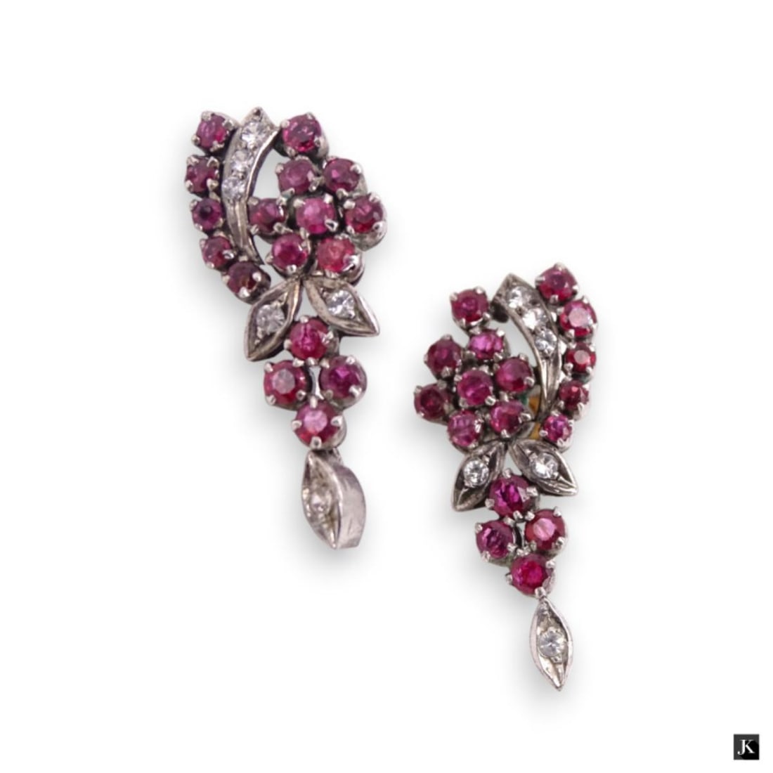 Women's 14K WG Ruby & Diamond Floral Leaf Earrings (1 of 2)