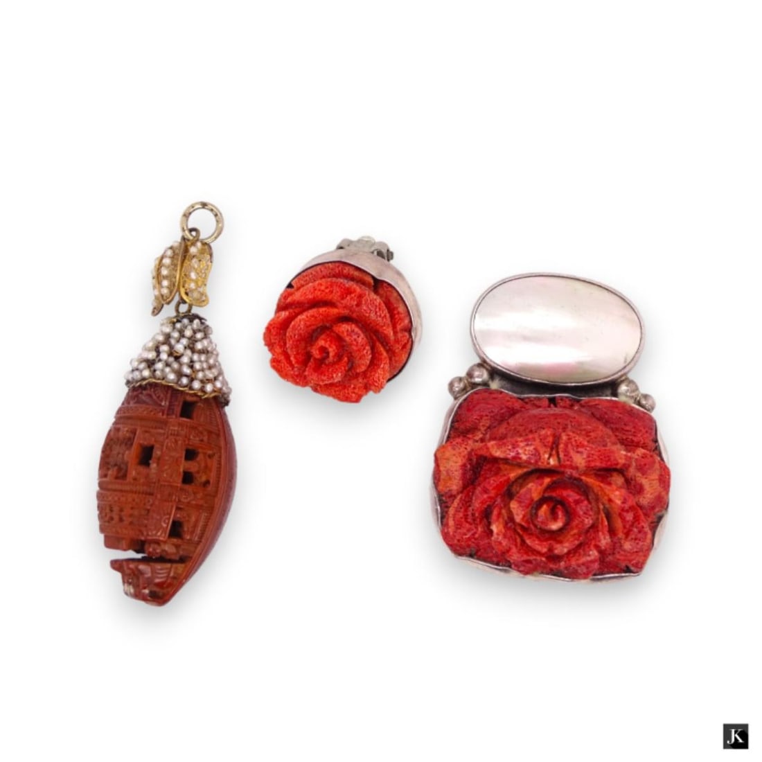 Assorted Carved Sterling Coral Chinese Nut Jewelry (1 of 6)