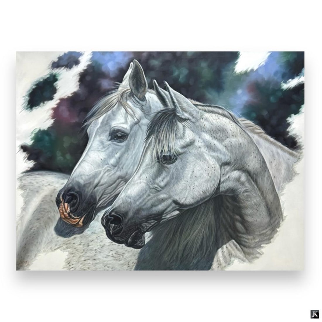 Signed Juzo Huge Oil Painting On Canvas Of Horses: A huge equestrian oil painting on canvas depicting two white horses. Signed "Juzo" or possibly "Luzo"? to lower left and dated 2001. Unframed. Canvas on stretcher measures approx. 57" height x 75" wid