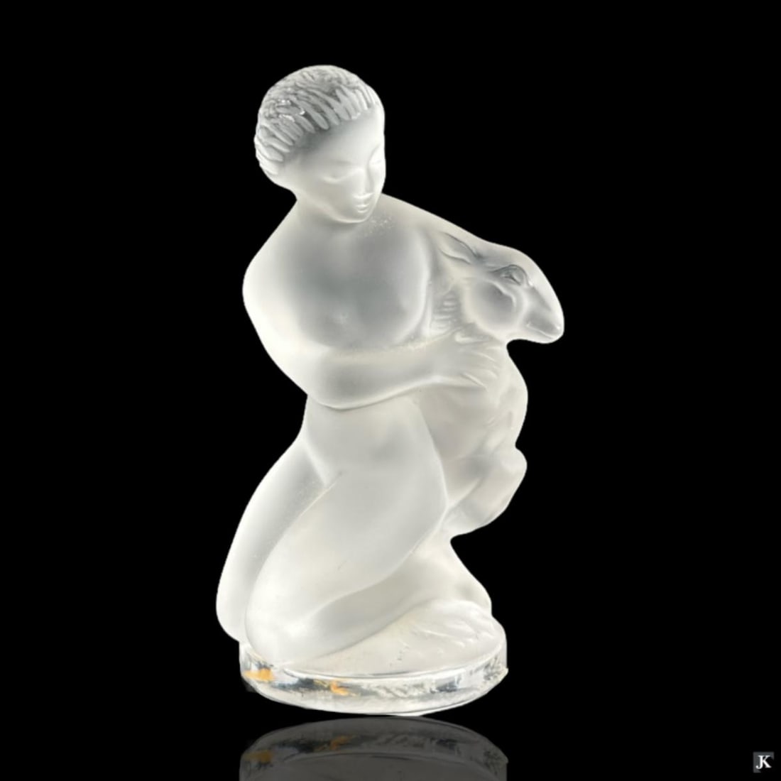 Lalique France Diana With Lamb Crystal Sculpture: Lalique French frosted crystal scultpure depicting "Diana With Lamb". Signed "Lalique (C) France" to side of base. Appears in overall good condition.JD/B13/SH:7A