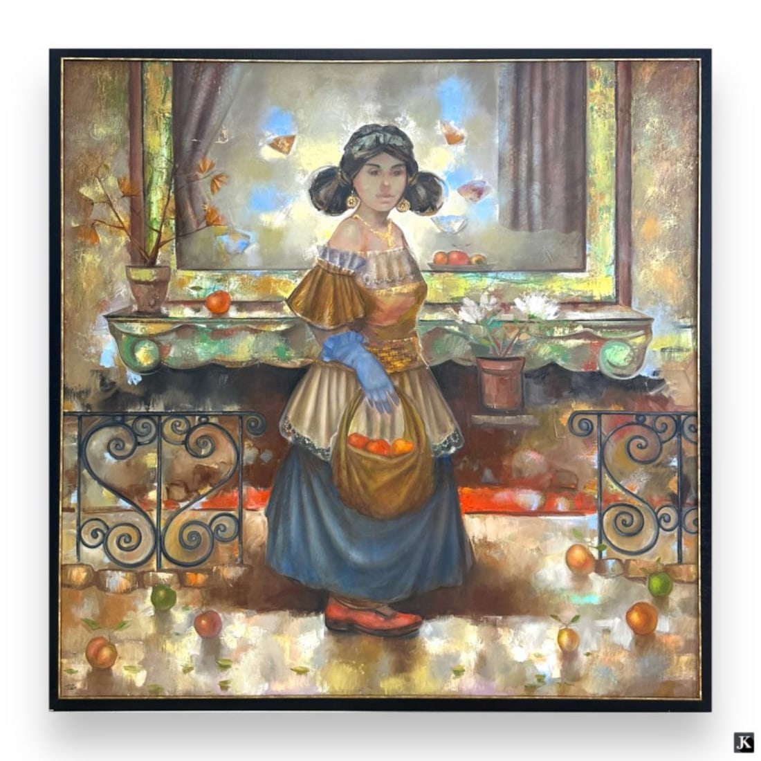 Seyran Mejanyan (ARMENIA B1995) Large Portrait Oil: Seyran Mejanyan (ARMENIAN, Born 1995) large oil painting on canvas depicting the portrait of a young girl with fruit titled "Thoughts". Signed, titled and dated 2019 to verso of canvas. Mounted in a b