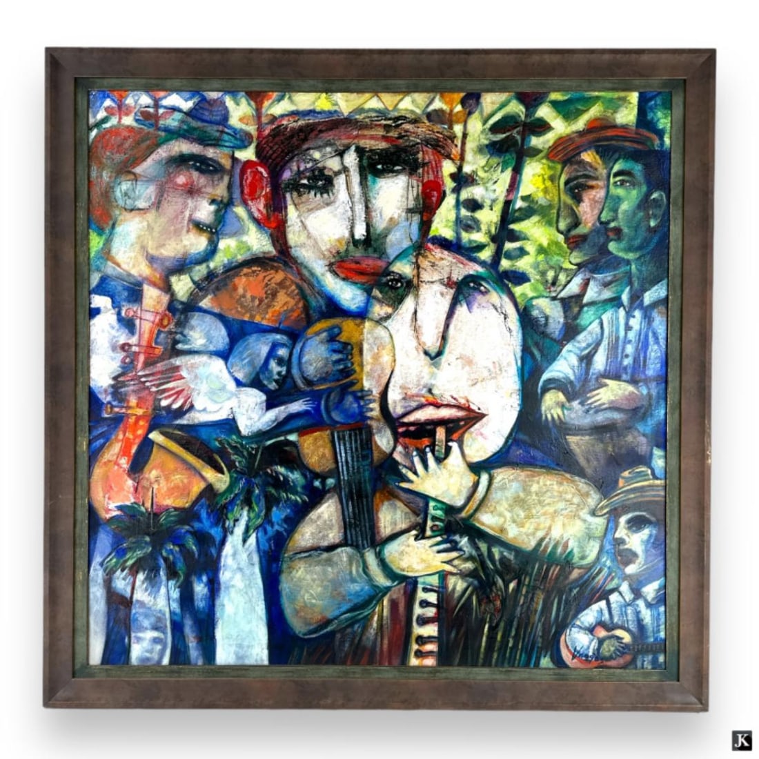 Reinaldo Vargas (CUBA B1961) Musicians Oil/Canvas: Reinaldo Vargas (CUBAN / UNITED KINGDOM / FRANCE / UNITED STATES / GEORGIA, Born 1961) oil painting on canvas depicting musicians with winged angel. Signed to lower right. Mounted in a brown painted w
