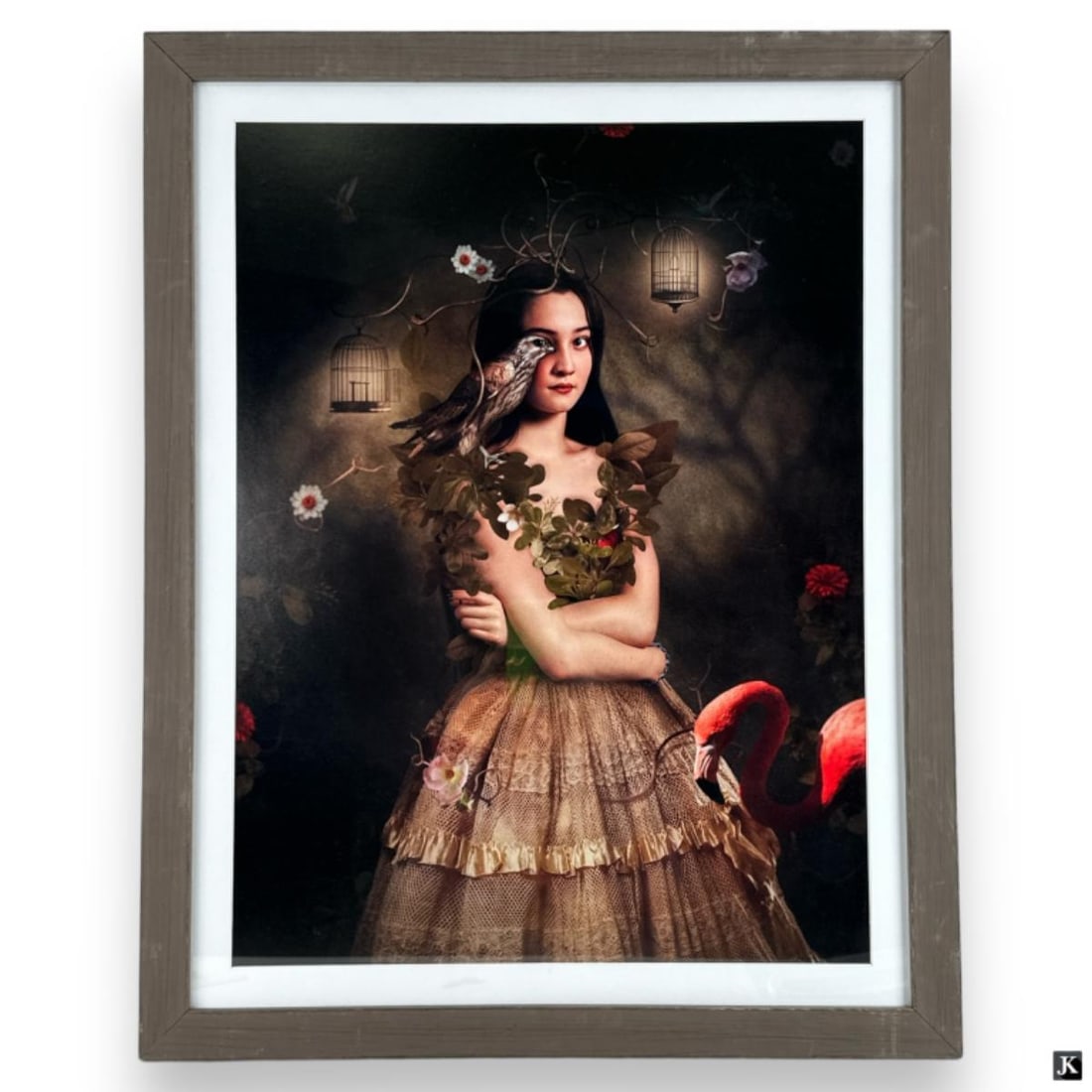 Svetlana Melik-Nubarova (TURKEY 20th/21st) Photo: Svetlana Melik-Nubarova (TURKISH, 20th/21st Century) photographic print depicting a girl with birds and flowers titled "Her Soul". Mounted in a wooden frame with mat behind glass screen. Includes cert