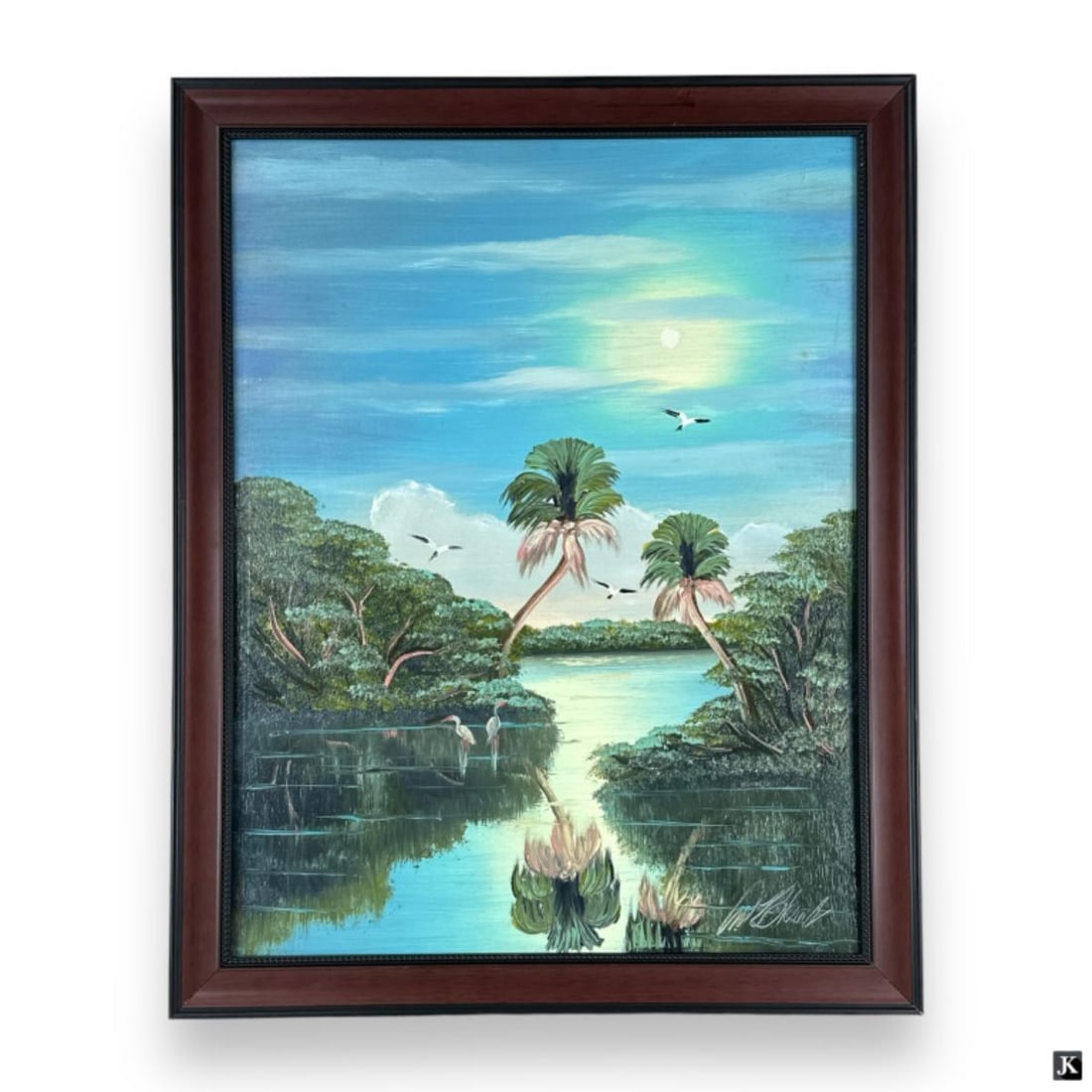 Al Black (USA B1947) Florida Highwaymen Oil: Al "Blood" Black (AMERICAN / FLORIDA, Born 1947) Florida Highwaymen oil painting on masonite board depicting a landscape scene with birds, coconut trees and river. Signed to lower right. Mounted in a