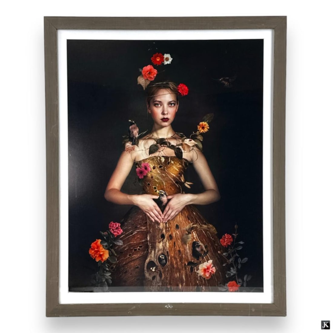 Svetlana Melik-Nubarova (TURKEY 20th/21st) Photo: Svetlana Melik-Nubarova (TURKISH, 20th/21st Century) photographic print depicting a girl with birds and flowers. Mounted in a wooden frame with mat behind glass screen. Paper measures approx. 31" heig