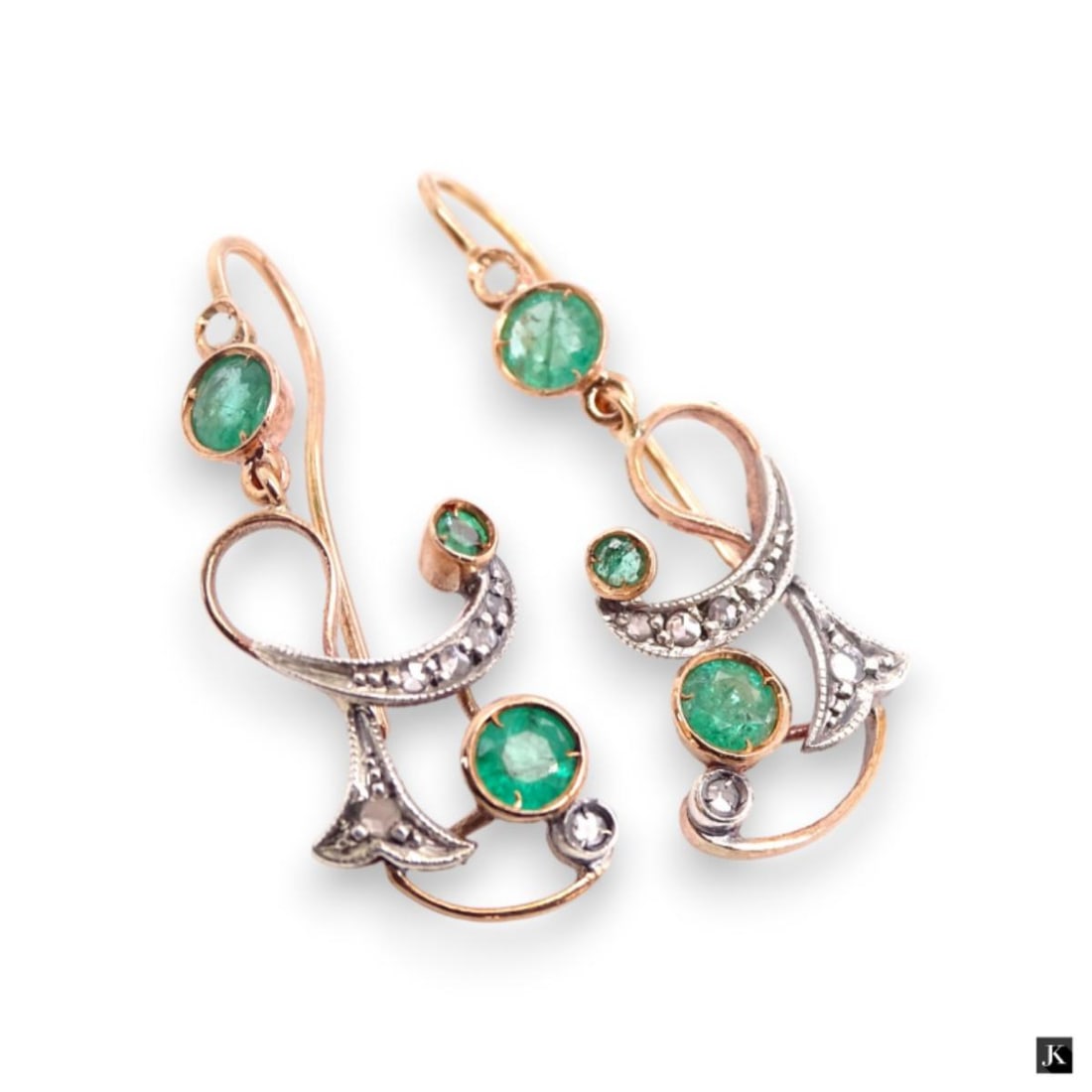 Pr Antique 18K Rose Gold Emerald Diamond Earrings (1 of 3)