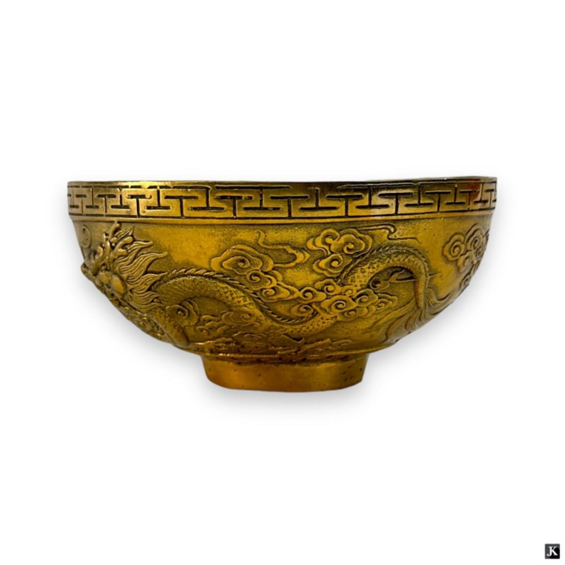 Vintage Chinese Gilt Bronze Dragons Bowl: A vintage gilt bronze Chinese bowl having a raised dragons design throughout. Bottom with a Qing Dynasty mark. Measures approx. 2 1/4" height x 4 3/4" diameter. Appears in overall good condition. JD/B