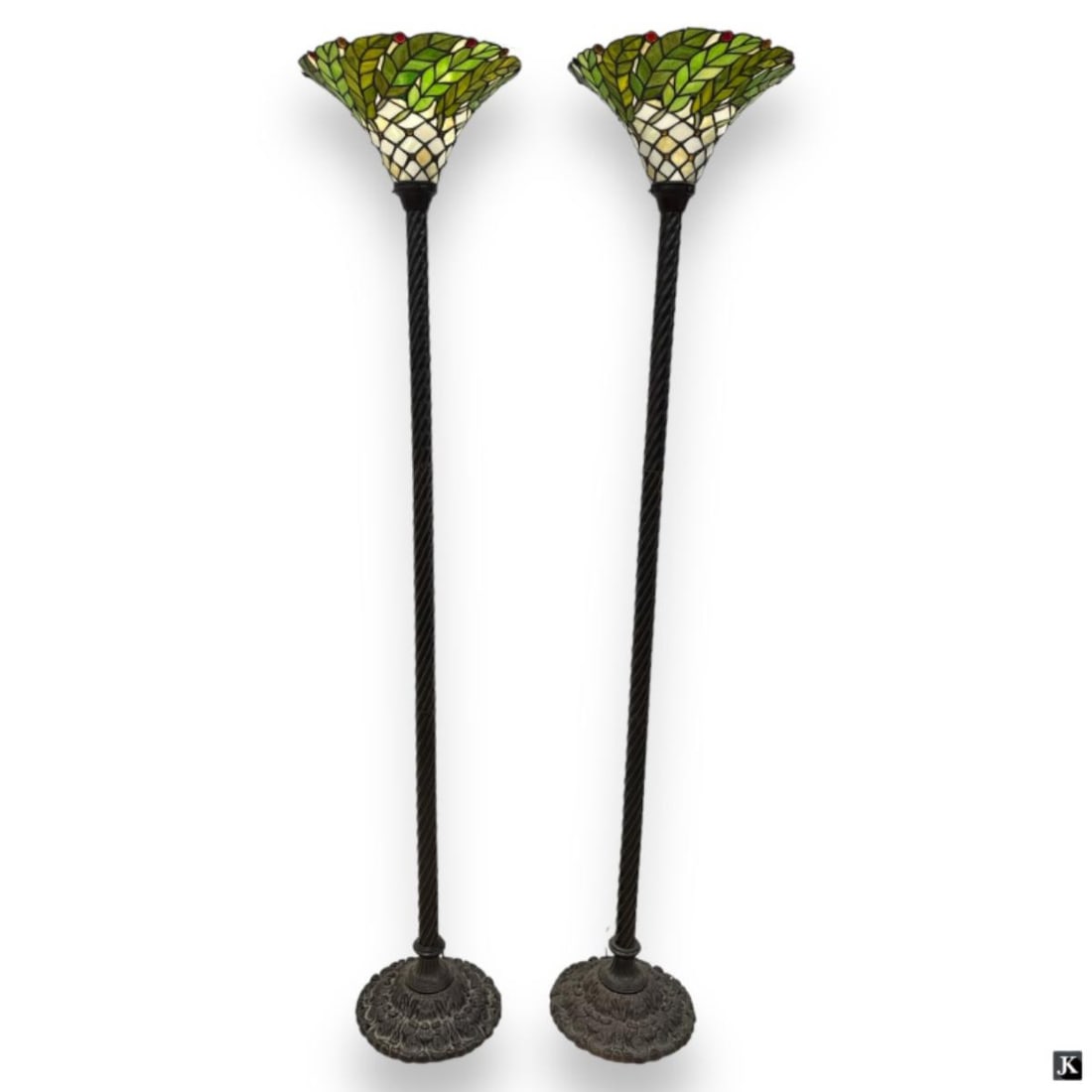 Pair Leaded Glass Torchiere Floor Lamps (1 of 3)