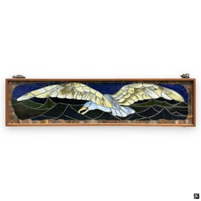 Vtg Slag Glass Seagull Ceiling Lamp In Wood Case