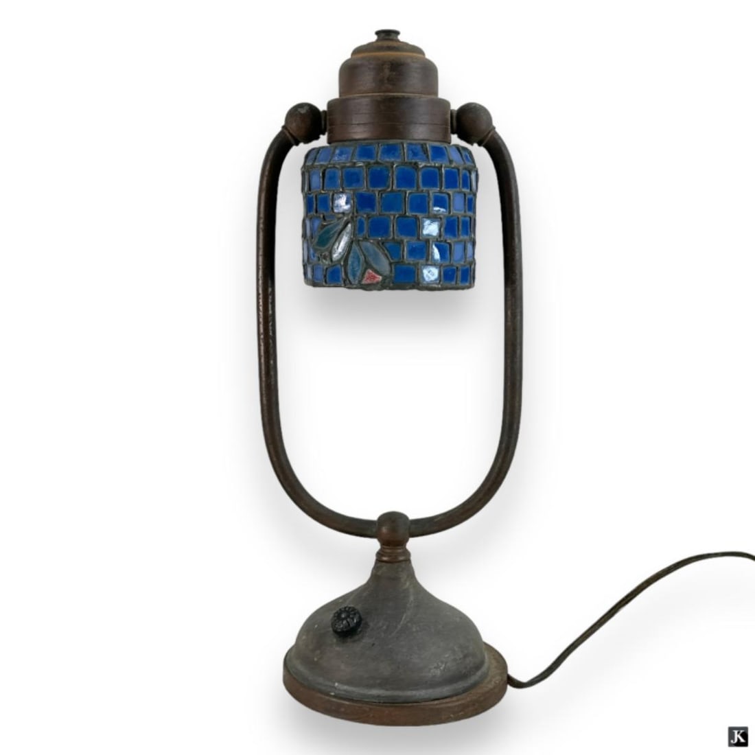 Vintage Arts & Crafts Style Leaded Table Lamp: Vintage Arts & Crafts Style Leaded Table Lamp. Features a blue glass shade with floral motif. Shade is artist signed and dated '69. Measures 15" H x 6" W overall, shade alone measures 3-1/4" H x3-3/4"