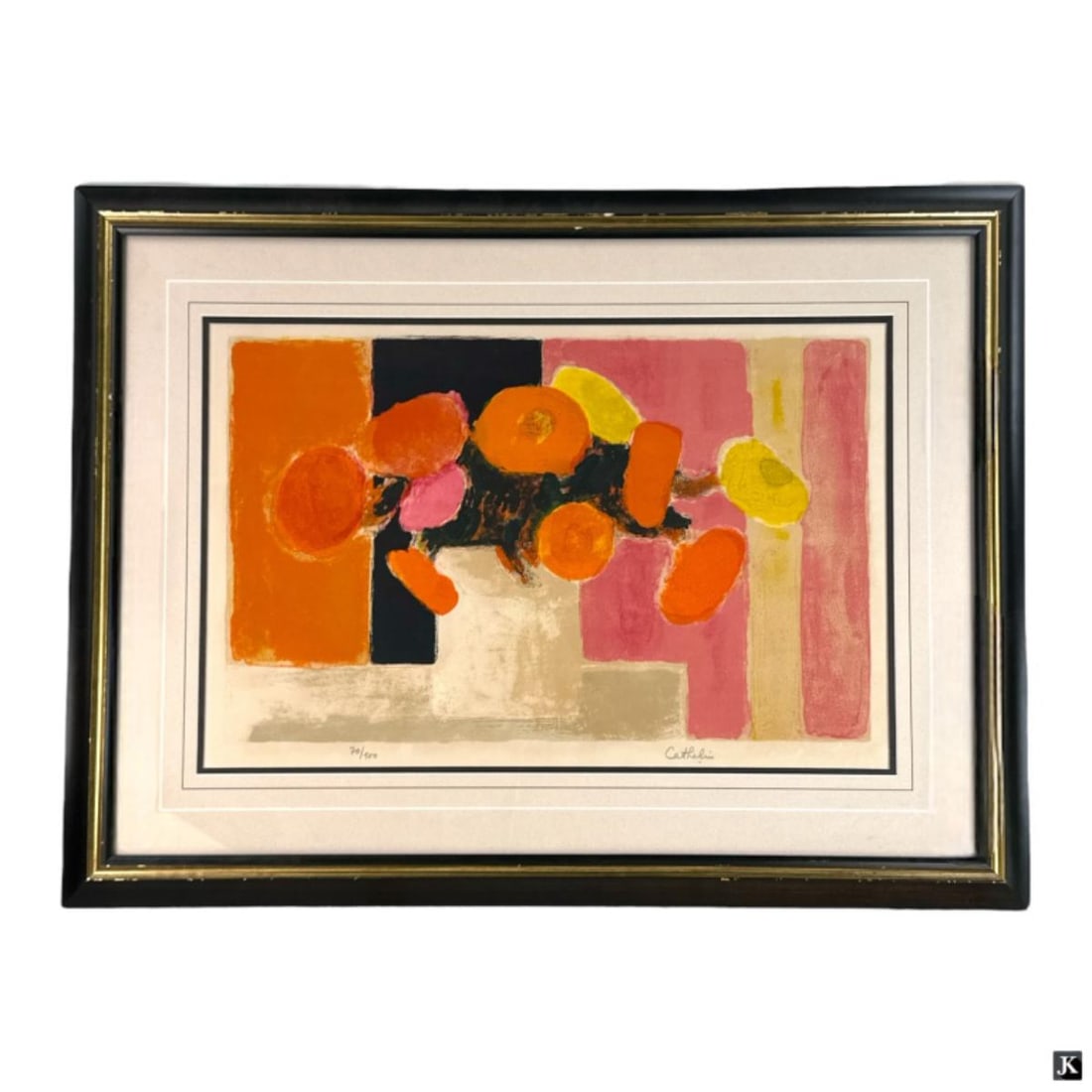 Bernard Cathelin (FRANCE 1919-2004) LE Lithograph: Bernard Cathelin (FRENCH, 1919 - 2004) limited edition color lithograph depicting a still life scene with orange and yellow flowers. Hand pencil signed to lower right. Numbered 70/100 to lower left. M