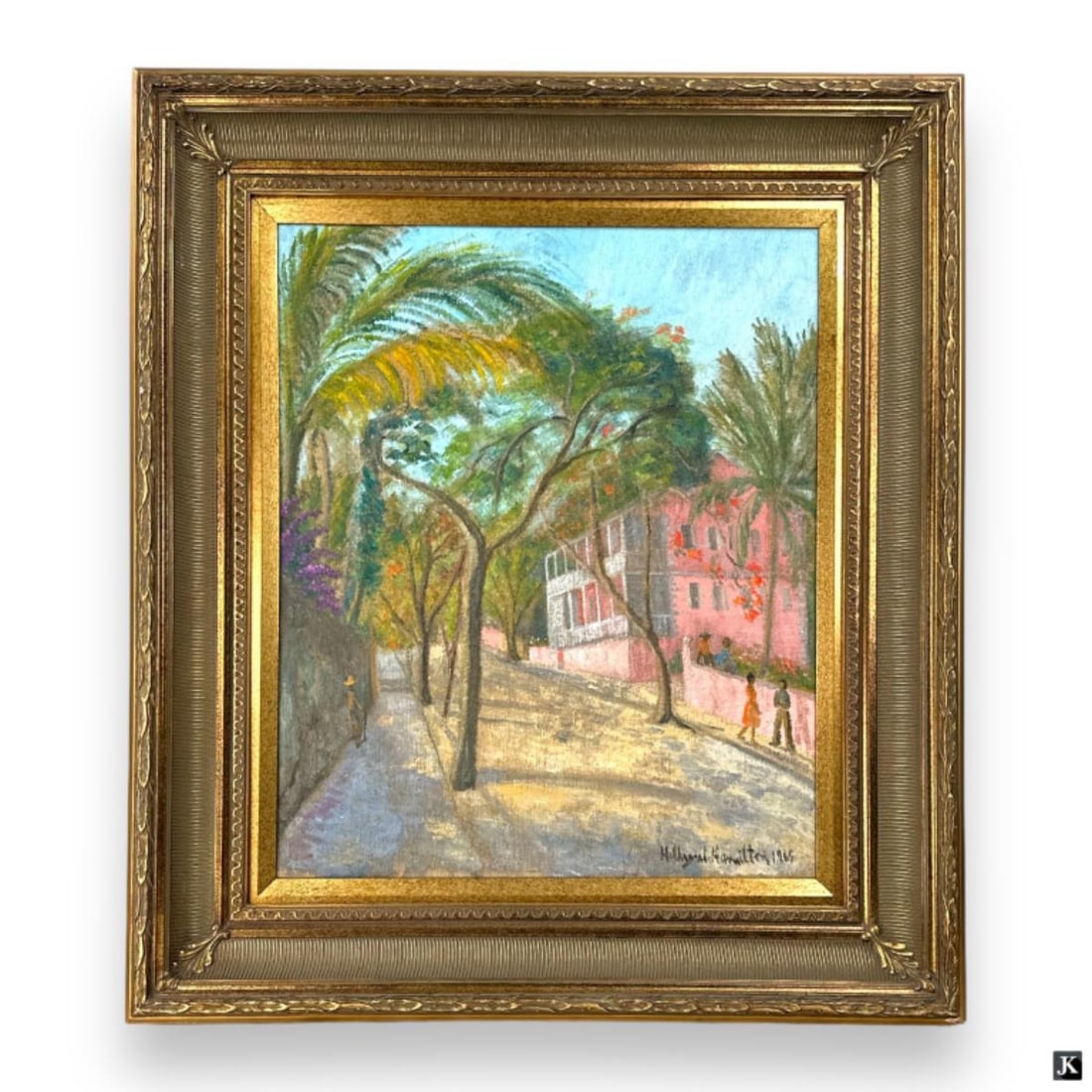Hildegarde Hamilton (USA 1898-1970) Oil On Canvas: Hildegarde Hume Hamilton (AMERICAN / FLORIDA / VIRGINIA, 1898 - 1970) oil painting on canvas depicting a townscape street scene. Signed to lower right and dated 1965. Verso of canvas with oil sketch o