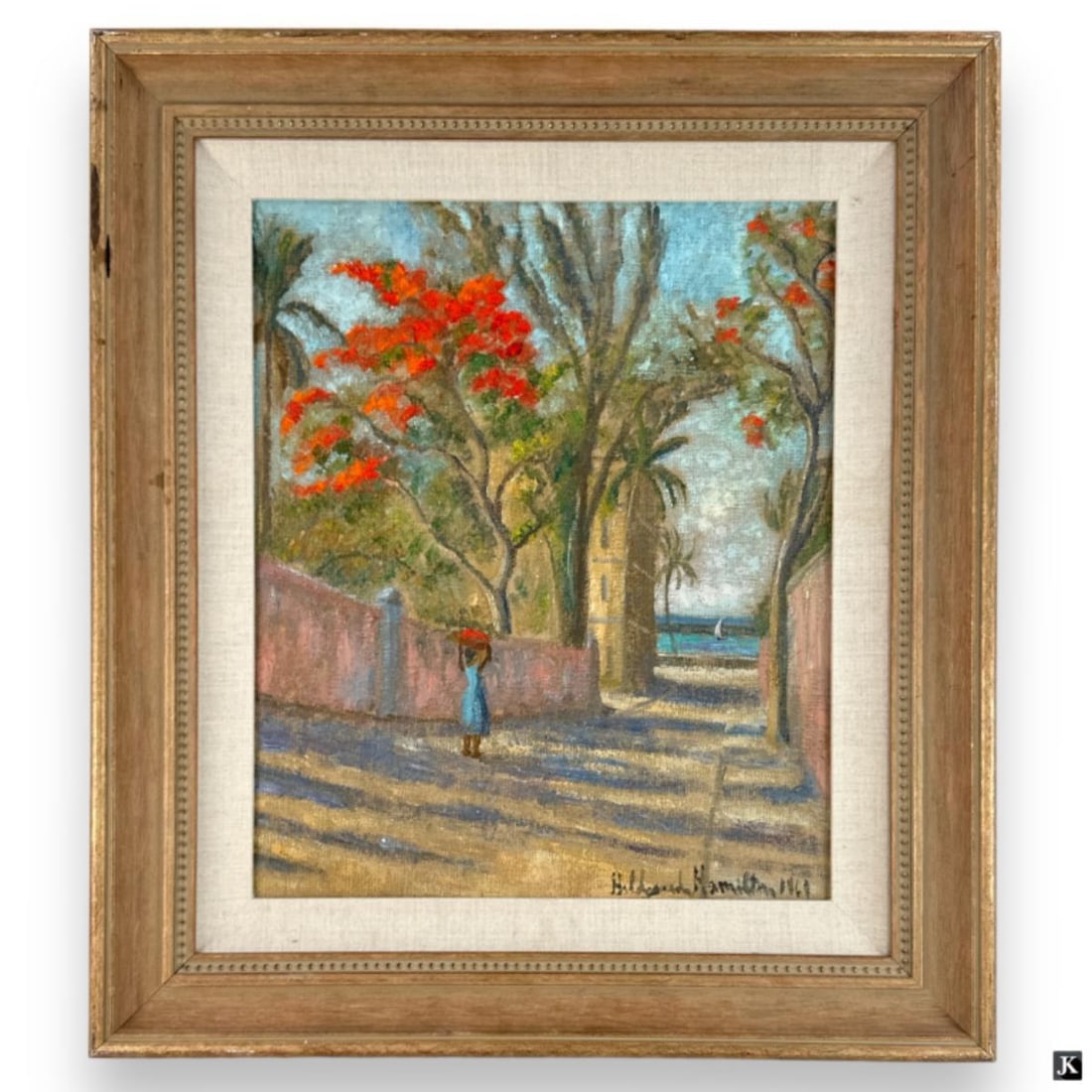 Hildegarde Hamilton (USA 1898-1970) Oil On Canvas: Hildegarde Hume Hamilton (AMERICAN / FLORIDA / VIRGINIA, 1898 - 1970) oil painting on canvas depicting a townscape scene with poincianna tree. Signed to lower right and dated 1968. Mounted in a gold a
