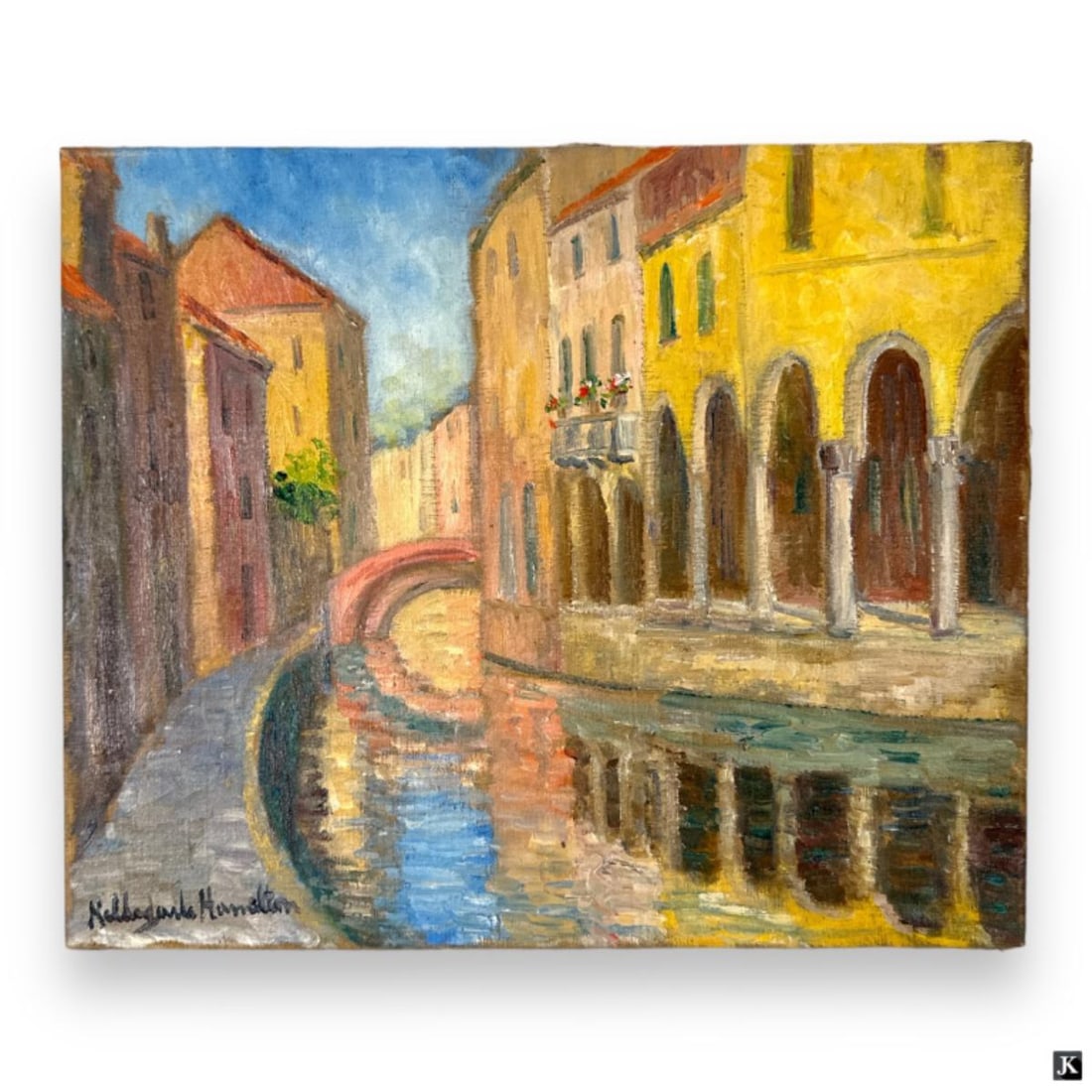 Hildegarde Hamilton (USA 1898-1970) Oil On Canvas: Hildegarde Hume Hamilton (AMERICAN / FLORIDA / VIRGINIA, 1898 - 1970) oil painting on canvas depicting a Venetian canal scene. Signed to lower left. Unframed. Canvas on stretcher measures approx. 15" 