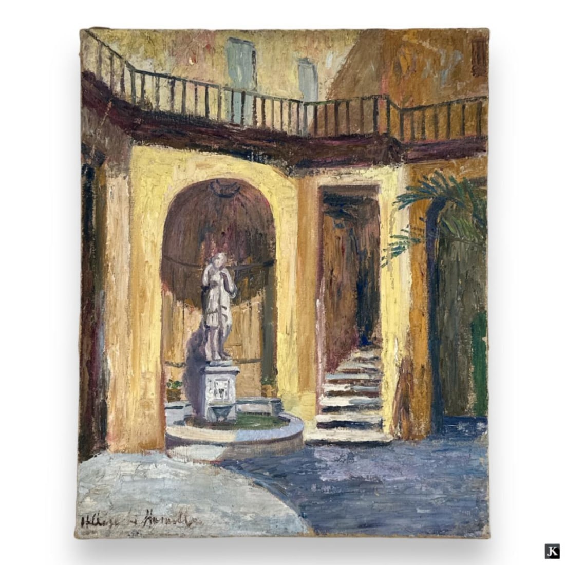 Hildegarde Hamilton (USA 1898-1970) Oil On Canvas: Hildegarde Hume Hamilton (AMERICAN / FLORIDA / VIRGINIA, 1898 - 1970) oil painting on canvas depicting a landscape scene with statue. Signed to lower left. Unframed. Canvas on stretcher measures appro