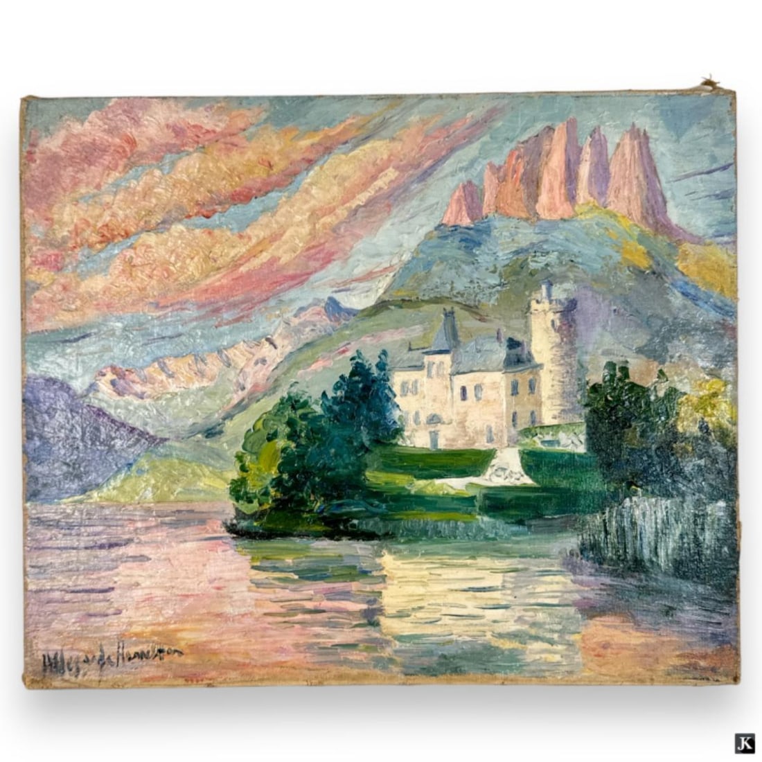 Hildegarde Hamilton (USA 1898-1970) Oil On Canvas: Hildegarde Hume Hamilton (AMERICAN / FLORIDA / VIRGINIA, 1898 - 1970) oil painting on canvas depicting a landscape scene with castle. Signed to lower left. Unframed. Canvas on stretcher measures appro
