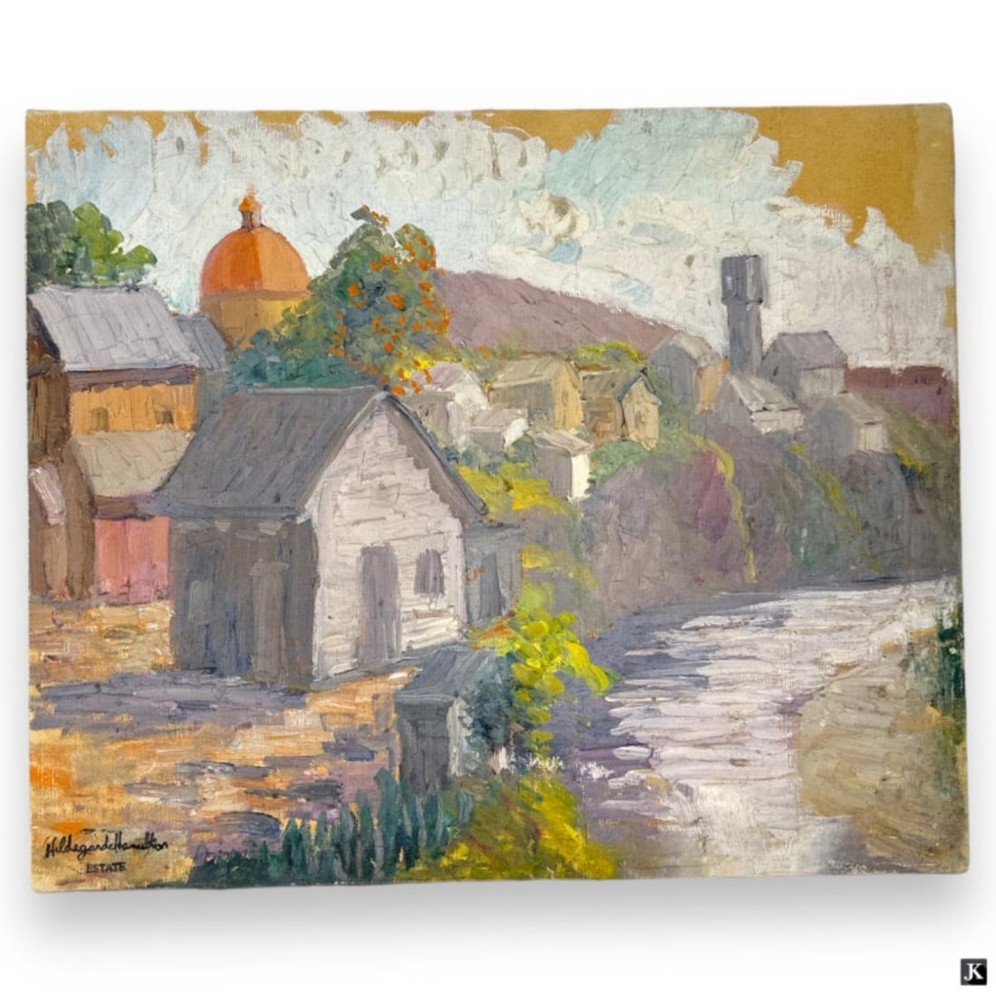 Hildegarde Hamilton (USA 1898-1970) Oil On Canvas: Hildegarde Hume Hamilton (AMERICAN / FLORIDA / VIRGINIA, 1898 - 1970) oil painting on canvas depicting a St. Augustine townscape scene. Signed to lower left. Verso of canvas with description. Mounted 