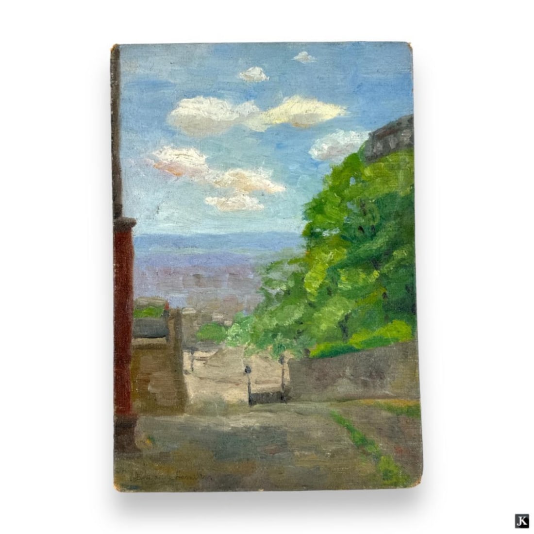 Hildegarde Hamilton (USA 1898-1970) Oil On Board: Hildegarde Hume Hamilton (AMERICAN / FLORIDA / VIRGINIA, 1898 - 1970) oil painting on artist canvas board depicting a view of Paris from Montmartre. Signed to lower left. Verso titled with an excerpt 