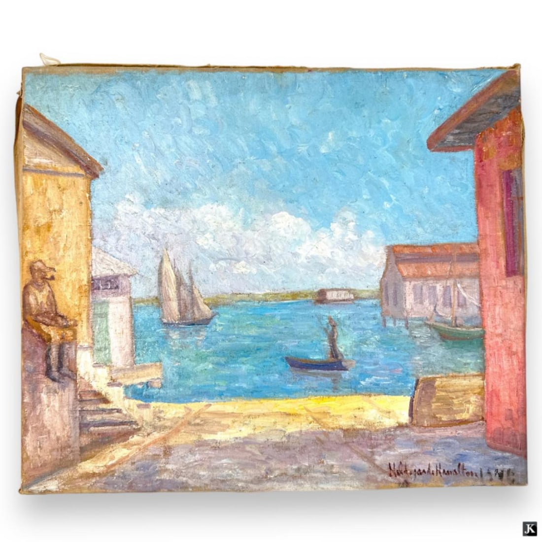 Hildegarde Hamilton (USA 1898-1970) Oil On Canvas: Hildegarde Hume Hamilton (AMERICAN / FLORIDA / VIRGINIA, 1898 - 1970) oil painting on canvas depicting a coastal townscape scene. Signed to lower right and dated. Unframed. Canvas on stretcher measure