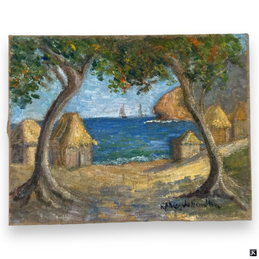 Hildegarde Hamilton (USA 1898-1970) Oil On Canvas: Hildegarde Hume Hamilton (AMERICAN / FLORIDA / VIRGINIA, 1898 - 1970) oil painting on canvas depicting a coastal village scene. Signed to lower right. Verso of canvas has a painting of 2 figures. Unfr