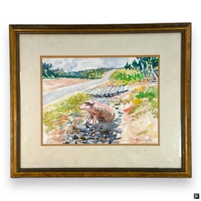 Artist Unknown Watercolor On Paper Landscape W/Pig