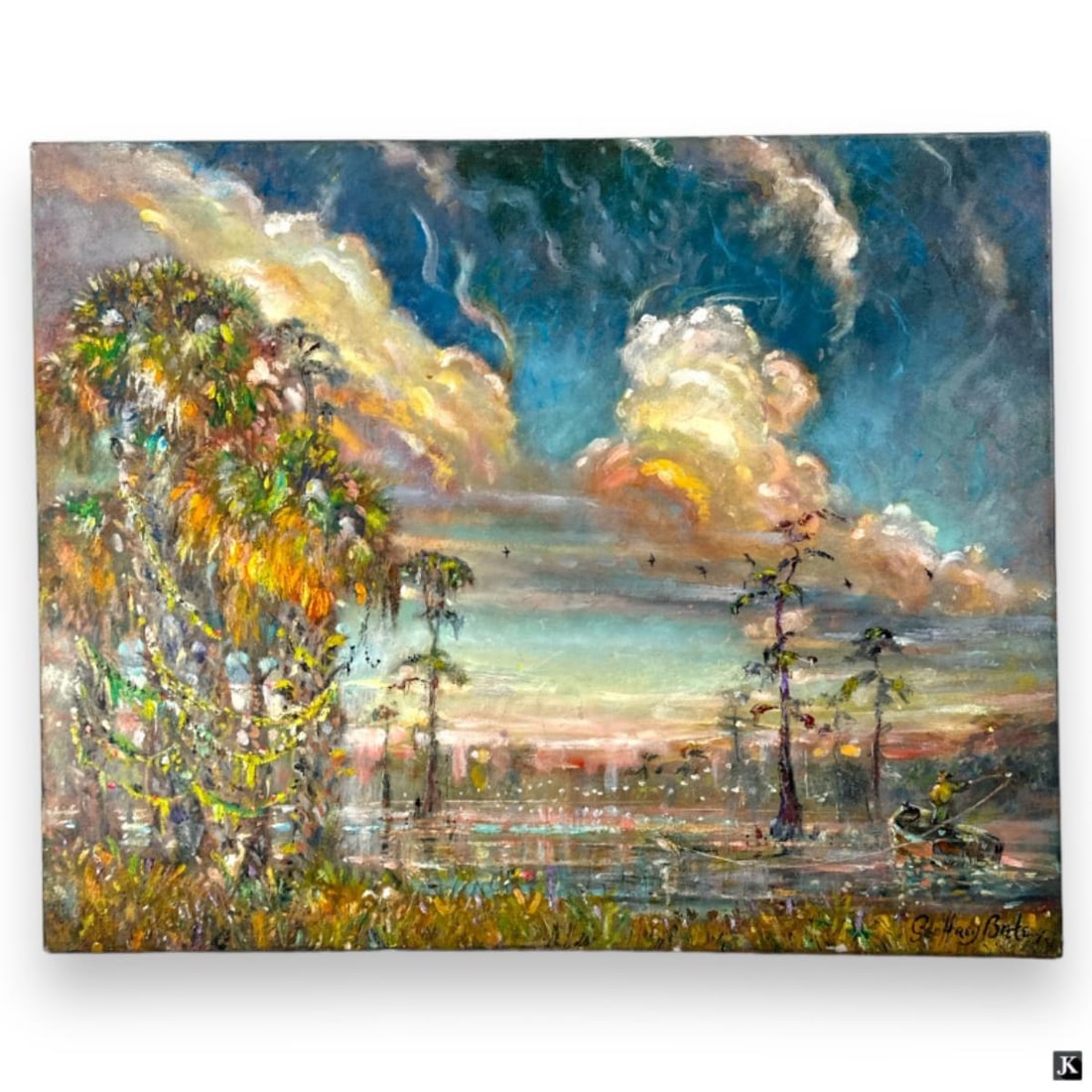 Geoffrey Bate (USA 20th) Highwaymen Oil On Canvas: Geofftrey Bate (AMERICAN / FLORIDA, 20th Century) Florida Highwaymen oil painting on canvas depicting a Florida river landscape scene with trees and fisherman in boat. Signed to lower right. Further s