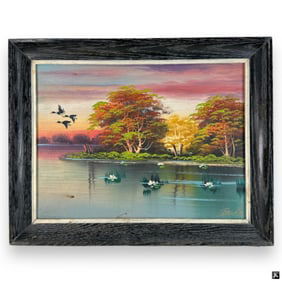 Signed Bard 1950's Landscape Scene Oil On Board