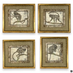 M. Woolley Mixed Media Quadtych Of Monkies Framed
