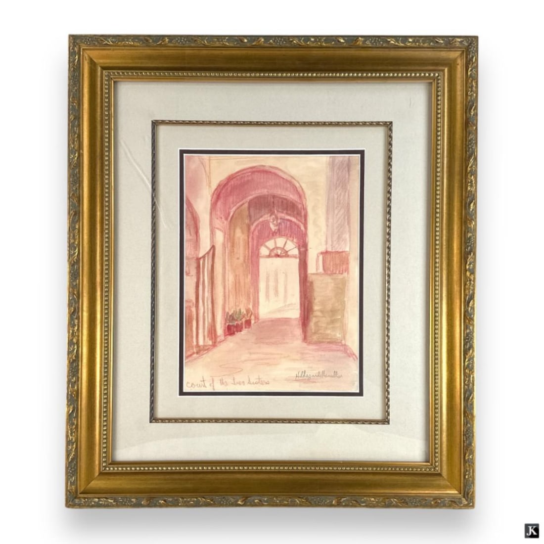 Hildegarde Hamilton Pastel & W/C: Hildegarde Hume Hamilton, American (1898 - 1970) Pastel & Gouache on manilla paper "The Court Of The Two Sisters". Signed lower right, titled lower left. Framed under glass. Image measures 11-1/2" x 8