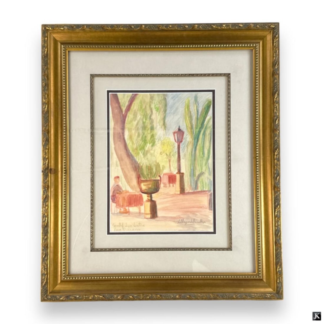 Hildegarde Hamilton Pastel & W/C: Hildegarde Hume Hamilton, American (1898 - 1970) Pastel & Gouache on manilla paper "The Court Of The Two Sisters, New Orleans". Signed lower right, titled lower left. Framed under glass. Image measure