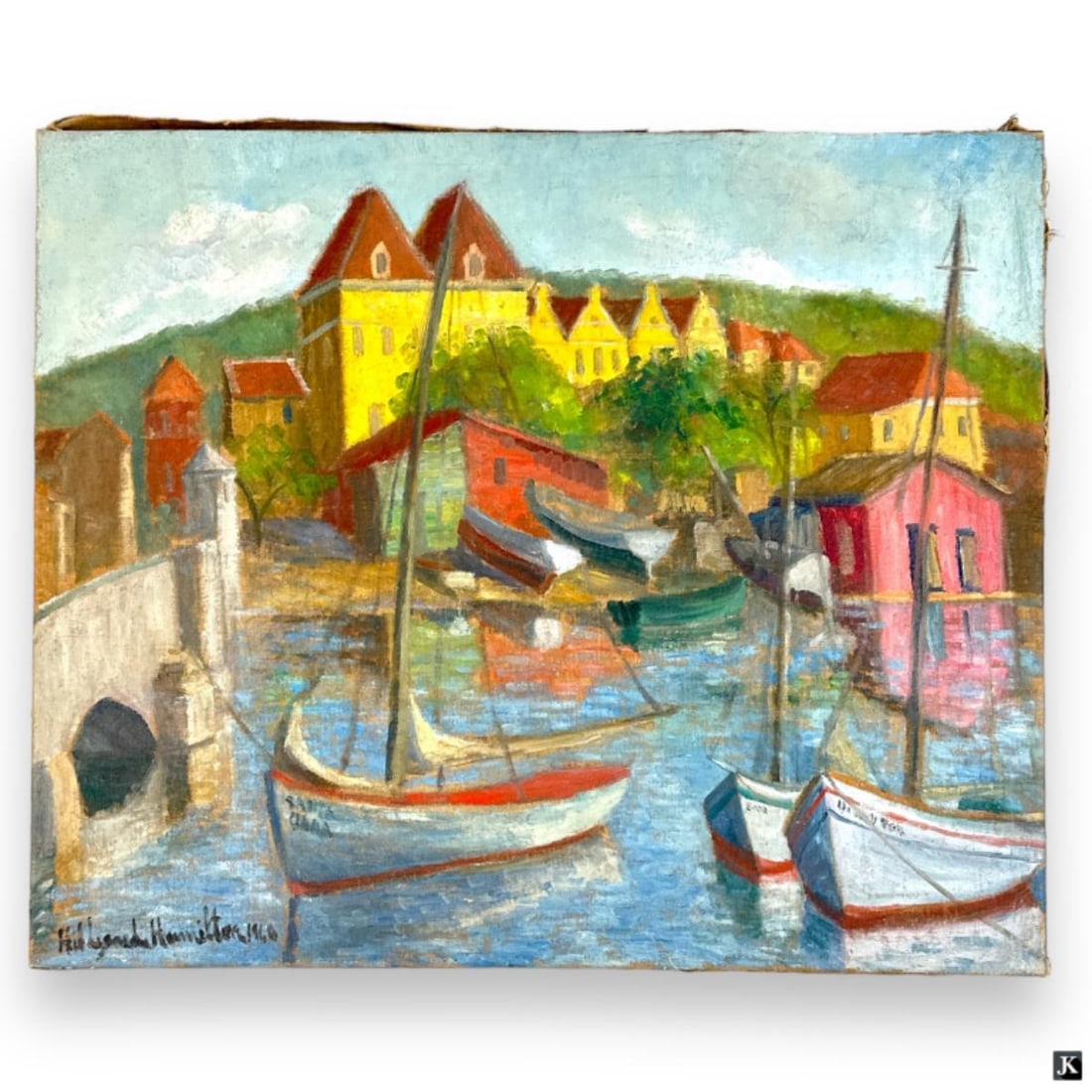 Hildegarde Hamilton (USA 1898-1970) Oil On Canvas: Hildegarde Hume Hamilton (AMERICAN / FLORIDA / VIRGINIA, 1898 - 1970) oil painting on canvas depicting a Venezuela coastal scene. Signed to lower left. Titled to verso of frame. Unframed. Canvas on st
