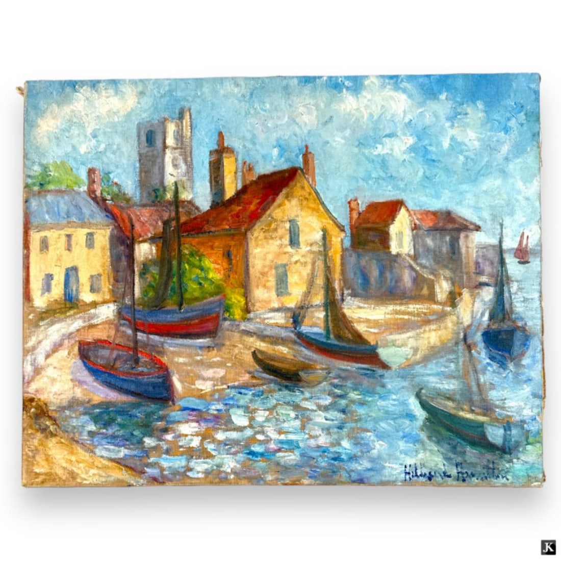 Hildegarde Hamilton (USA 1898-1970) Oil On Canvas: Hildegarde Hume Hamilton (AMERICAN / FLORIDA / VIRGINIA, 1898 - 1970) oil painting on canvas depicting a coastal scene with boats. Signed to lower right. Unframed. Canvas on stretcher measures approx.